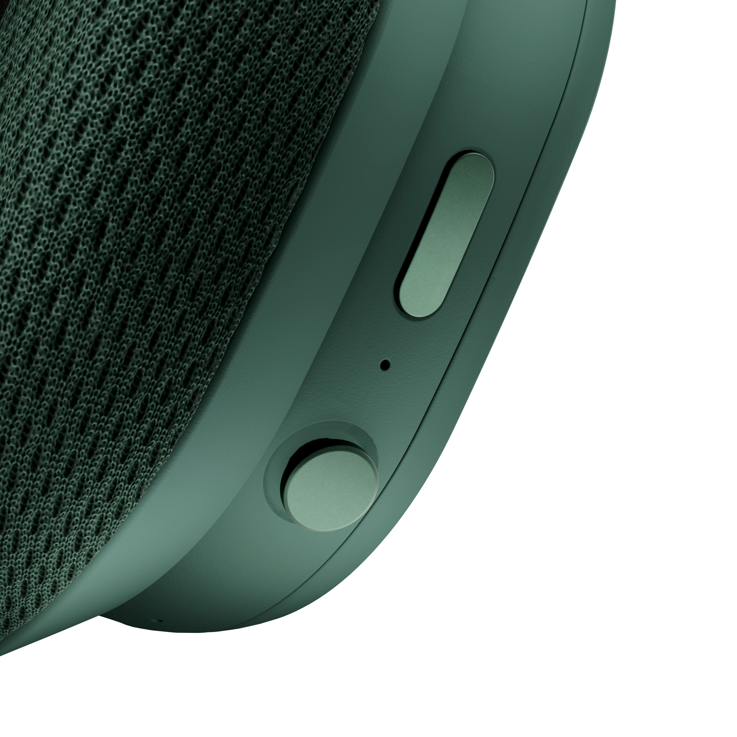 Close-up of Fairbuds XL physical controls and mesh ear cushion