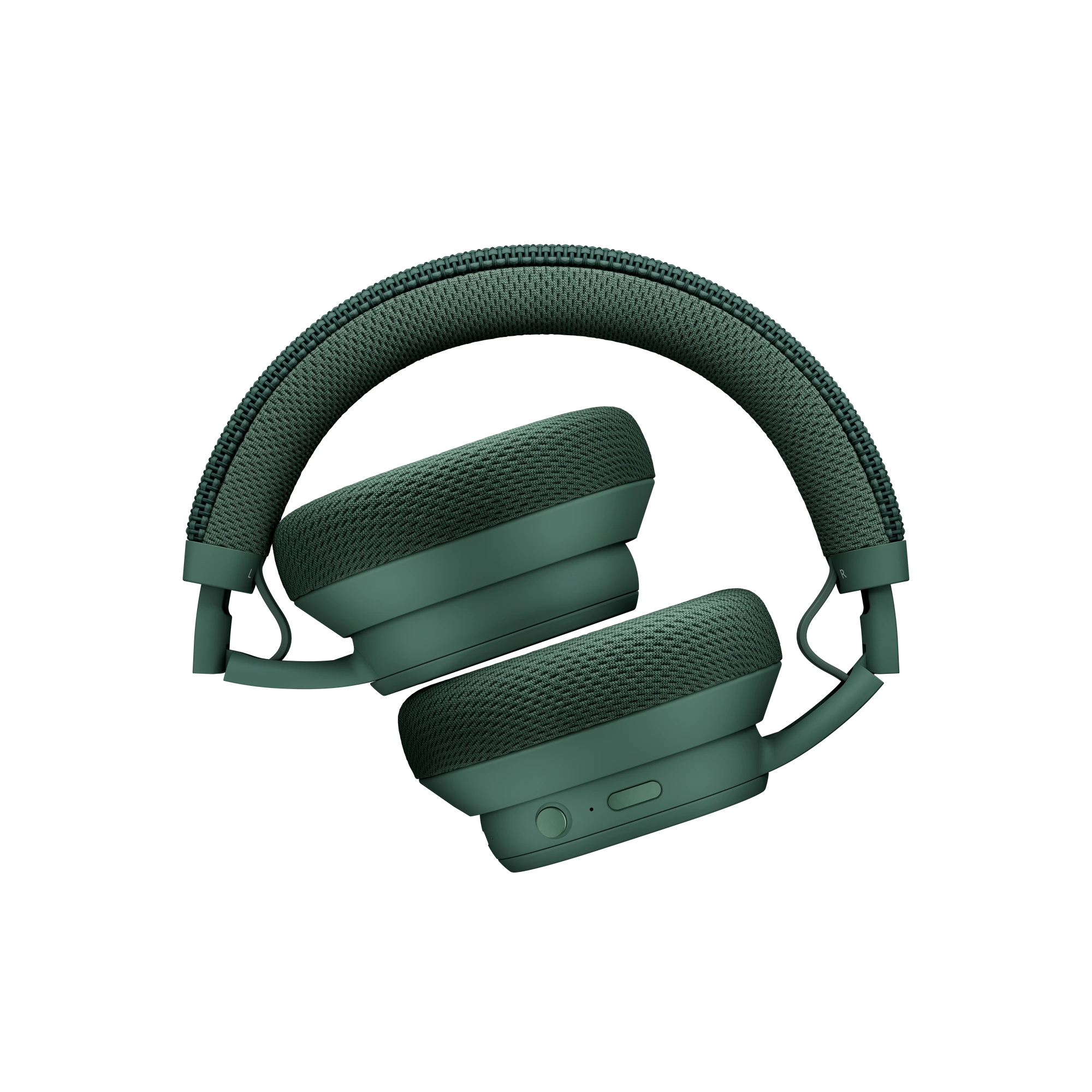 Forest Green Fairbuds XL headphones folded inward